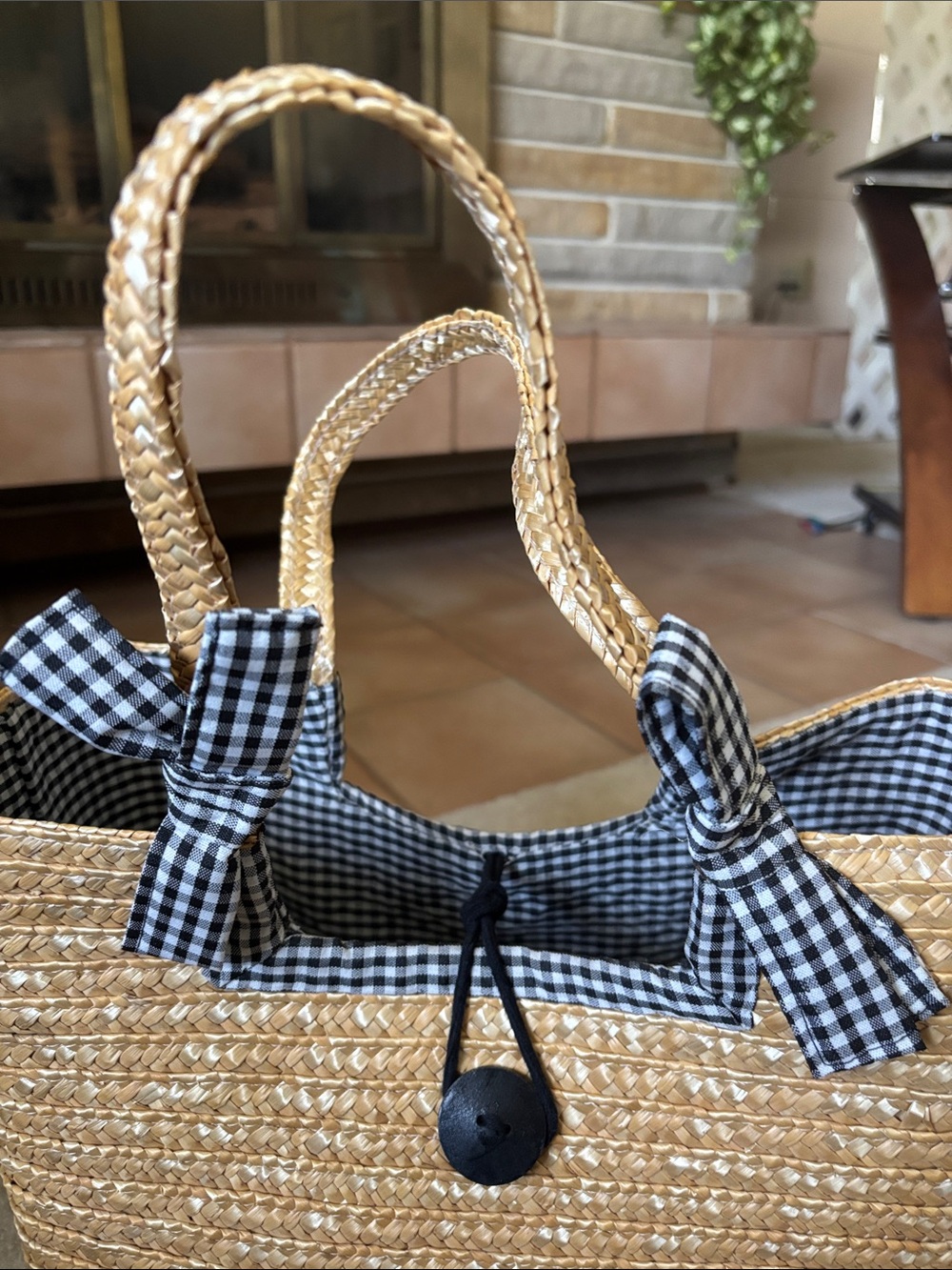 Vintage Woven Straw Tote Bag with Gingham Bow Accents - Picture 7 of 8
